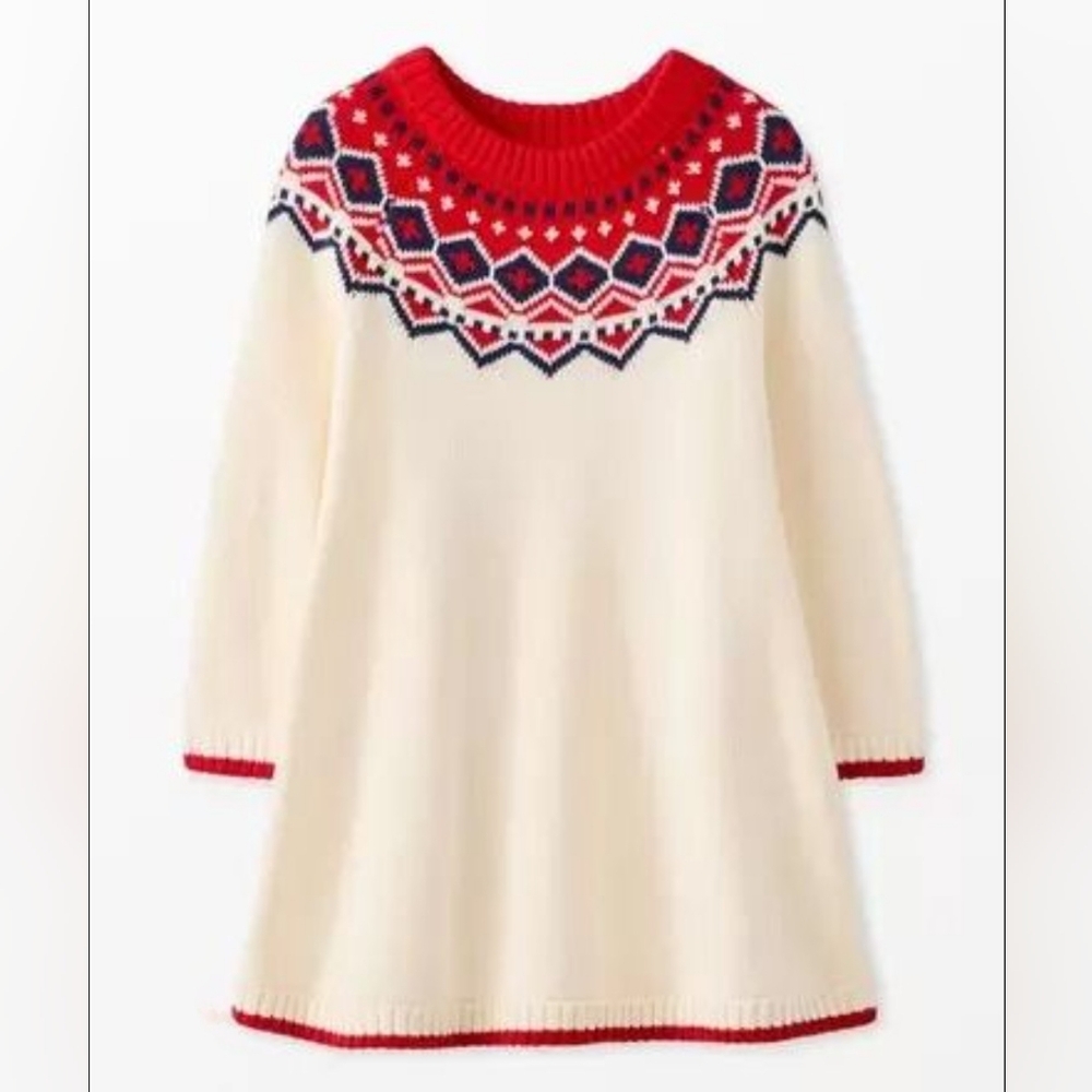 Hanna Andersson NORDIC FAIR ISLE Red Cream Knit Sweater Dress LIKE NEW